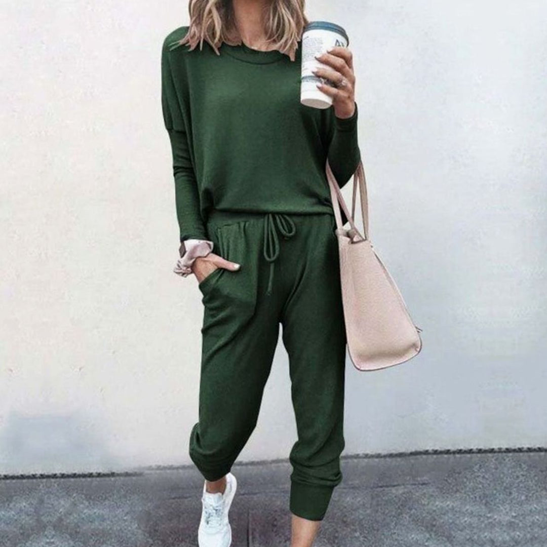 Lässiges Lounge Set für Damen mit Rundhals Langarmshirt Jogginghose - Grün