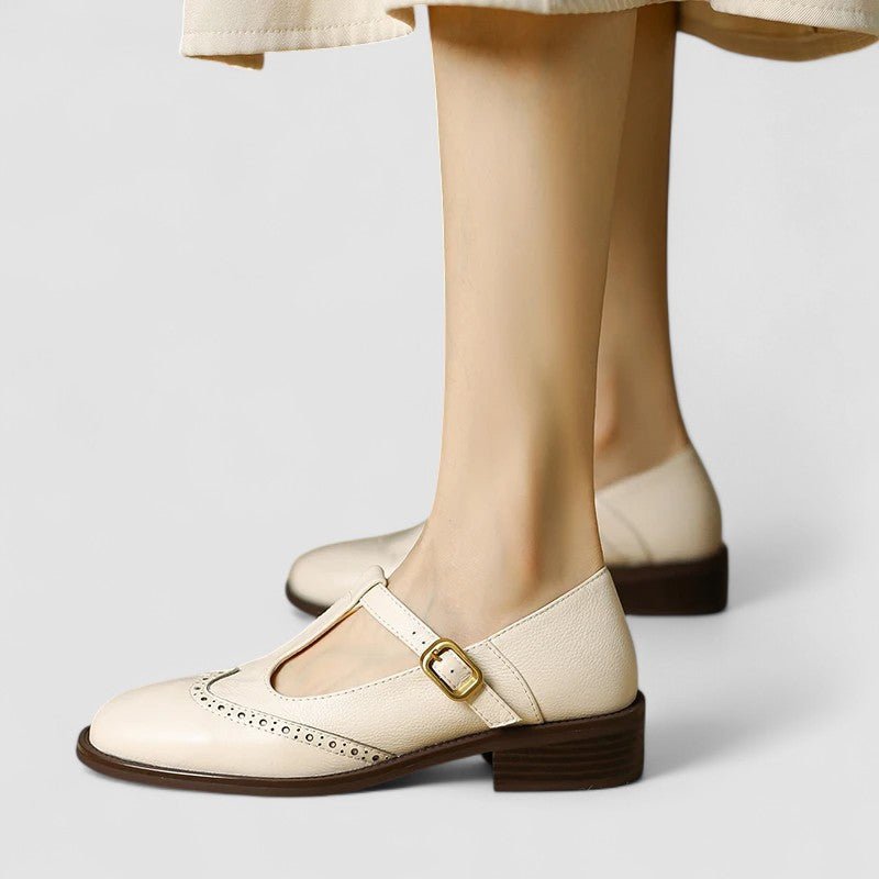 Mary Jane Schuhe Orthopädisch T-Riemen Blockabsatz - Beige