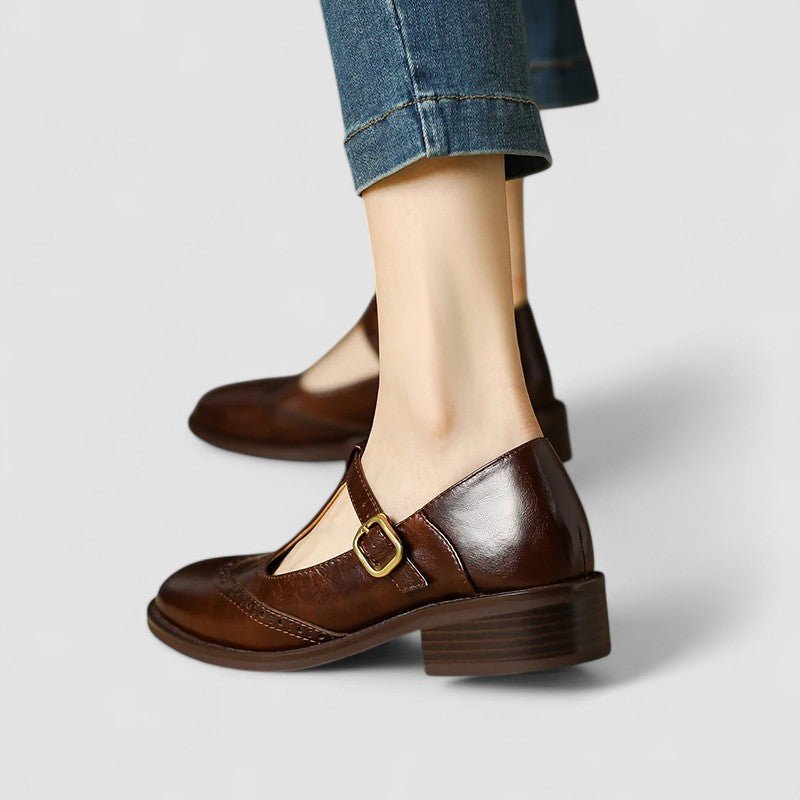 Mary Jane Schuhe Orthopädisch T-Riemen Blockabsatz - Braun