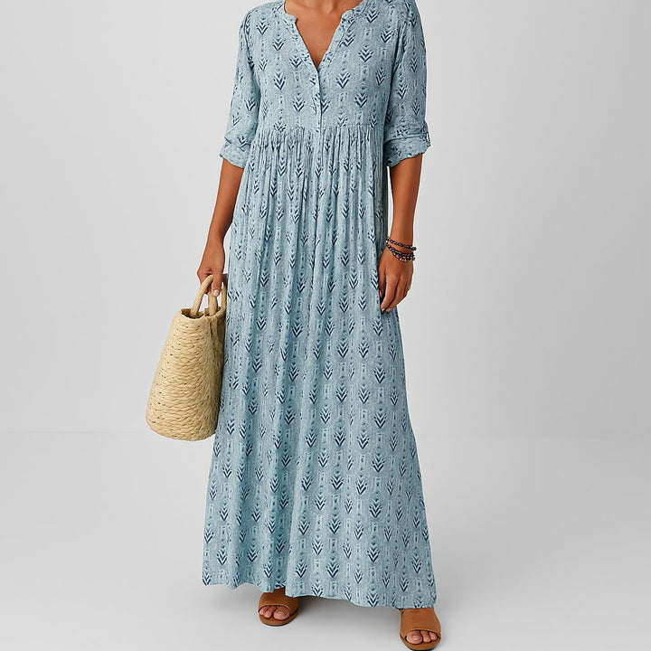 Maxi Kleid Boho Print V-Ausschnitt Langarm Damen