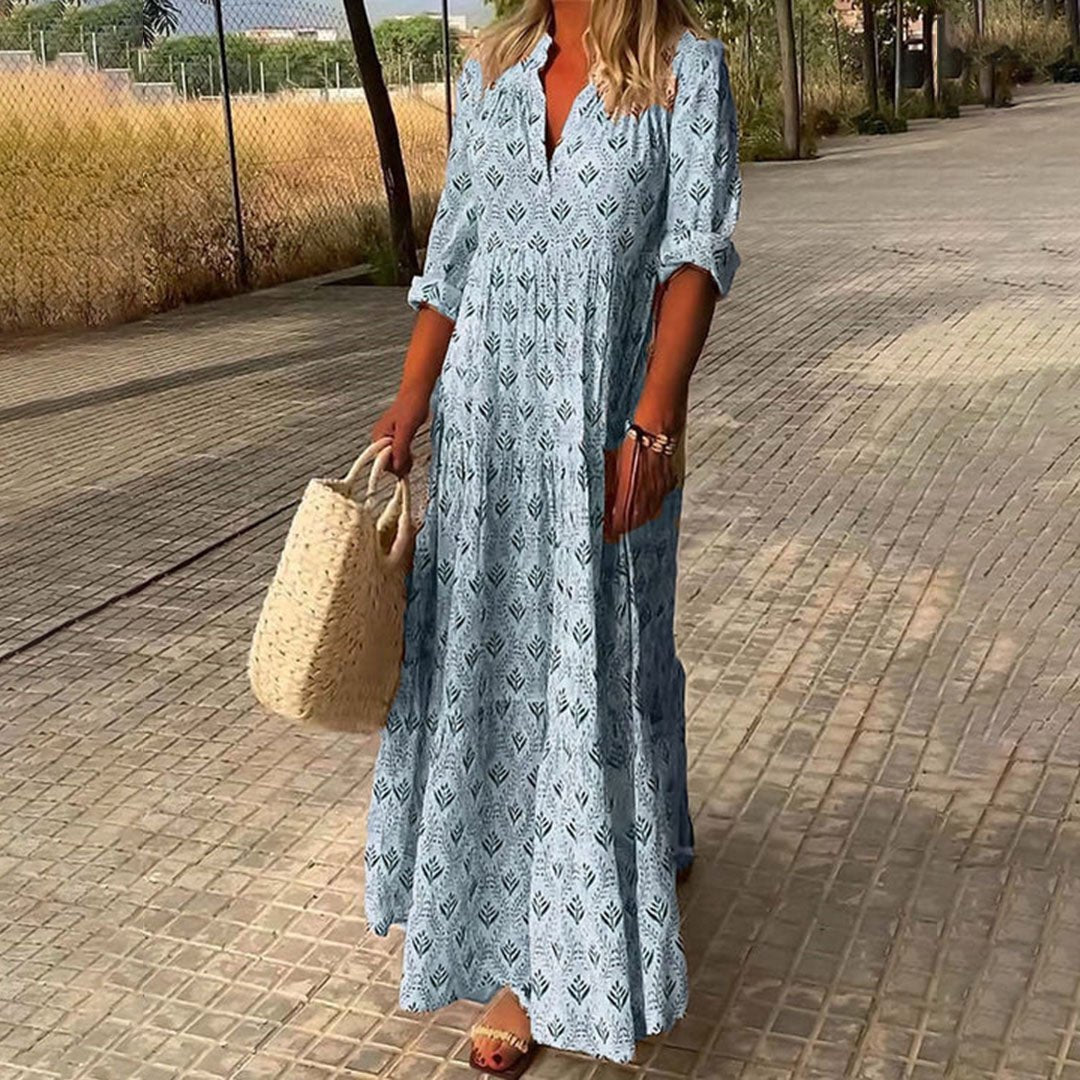 Maxi Kleid Boho Print V-Ausschnitt Langarm Damen - Light Blue