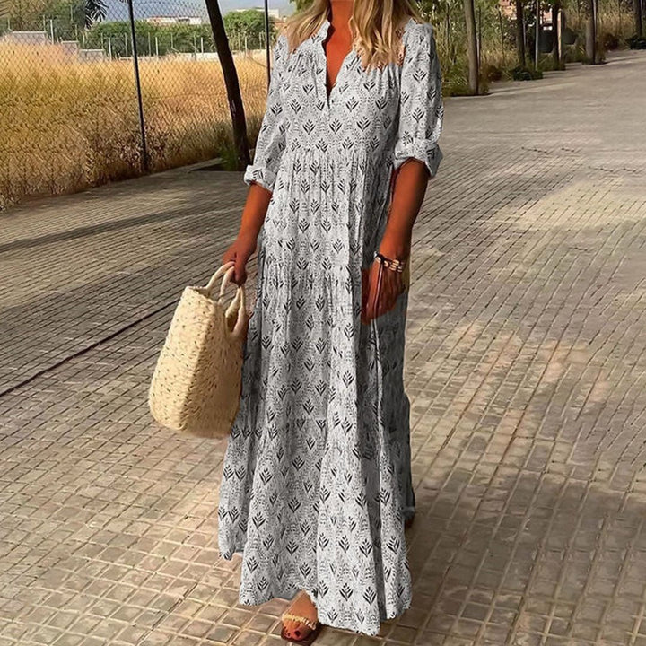 Maxi Kleid Boho Print V-Ausschnitt Langarm Damen - Light Gray