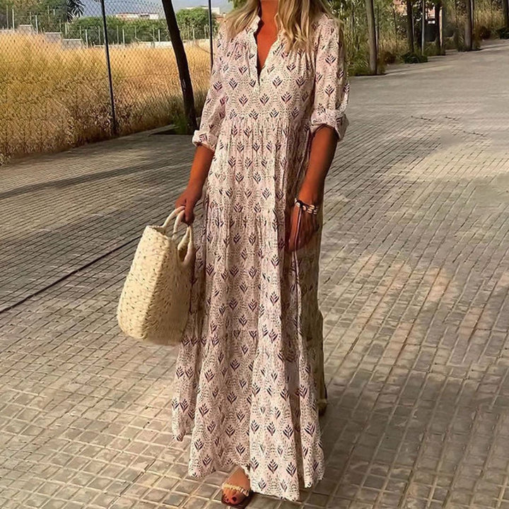 Maxi Kleid Boho Print V-Ausschnitt Langarm Damen - Pink