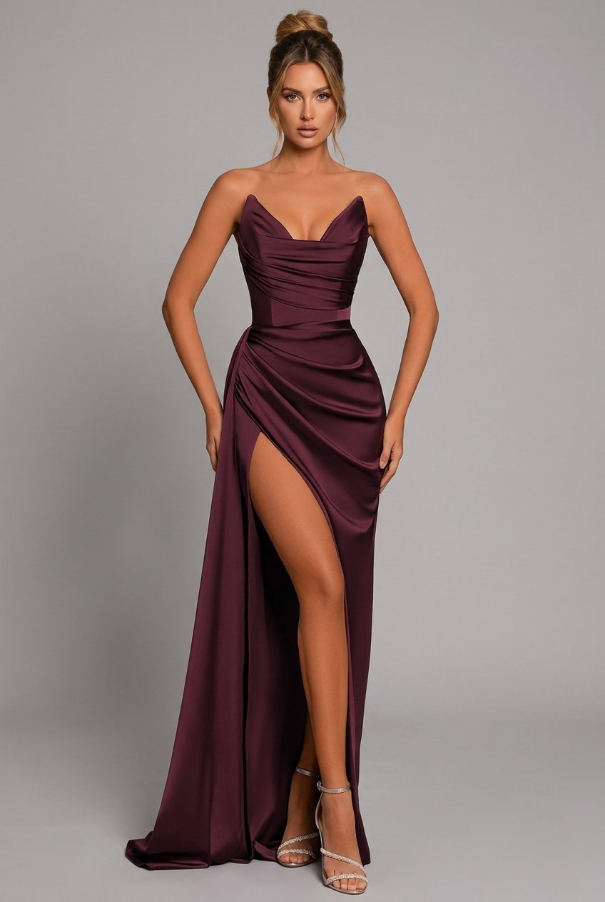 Maxi Kleid Herzausschnitt Raffung Schlitz - Crimson Red