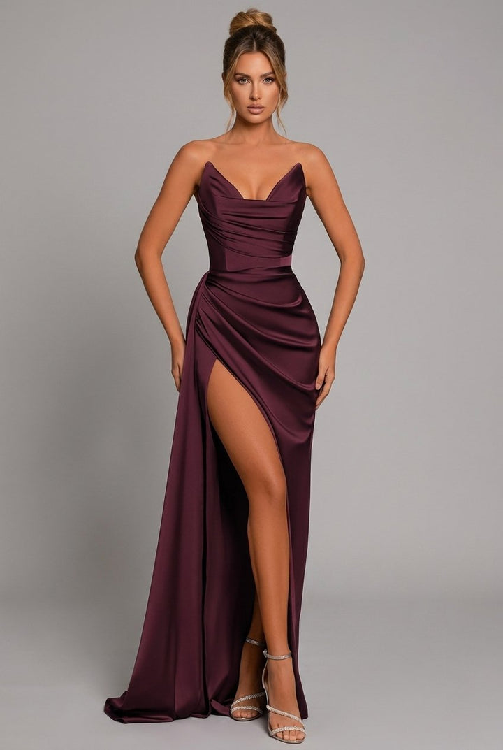 Maxi Kleid Herzausschnitt Raffung Schlitz - Crimson Red