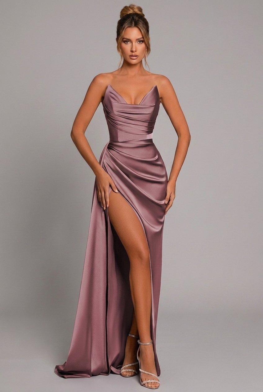 Maxi Kleid Herzausschnitt Raffung Schlitz - Dusty Rose