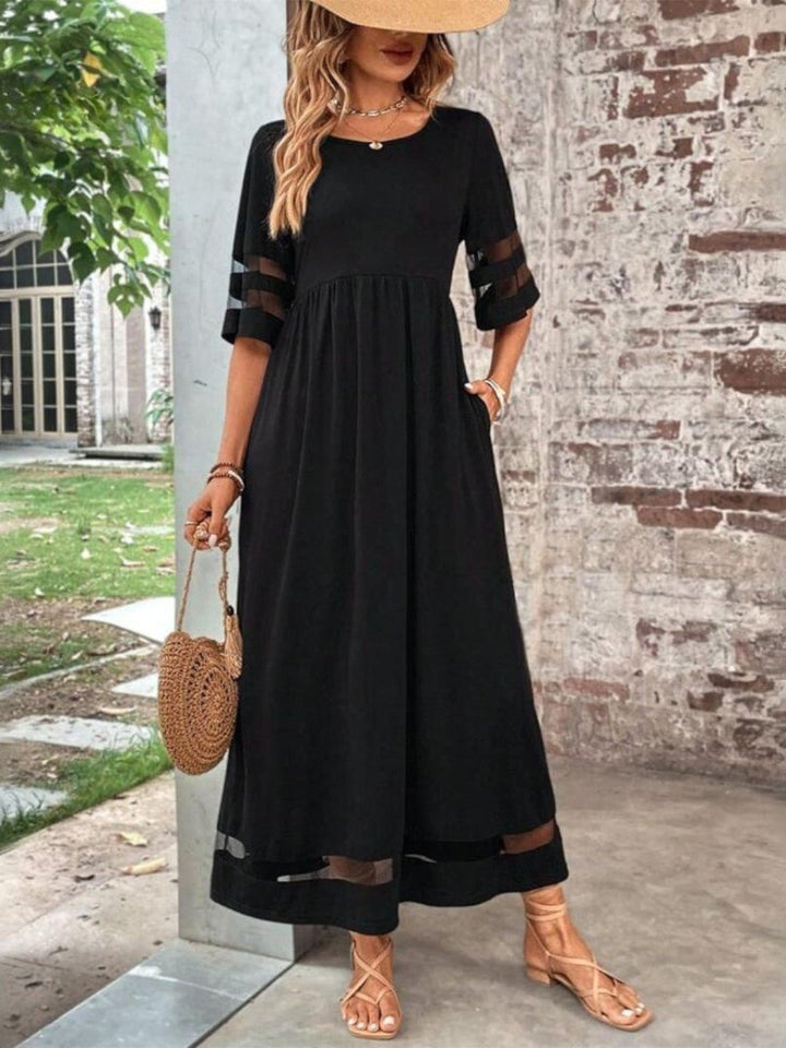 Maxi Kleid Mesh-Ärmel Figurschmeichelnd Elegant - Black