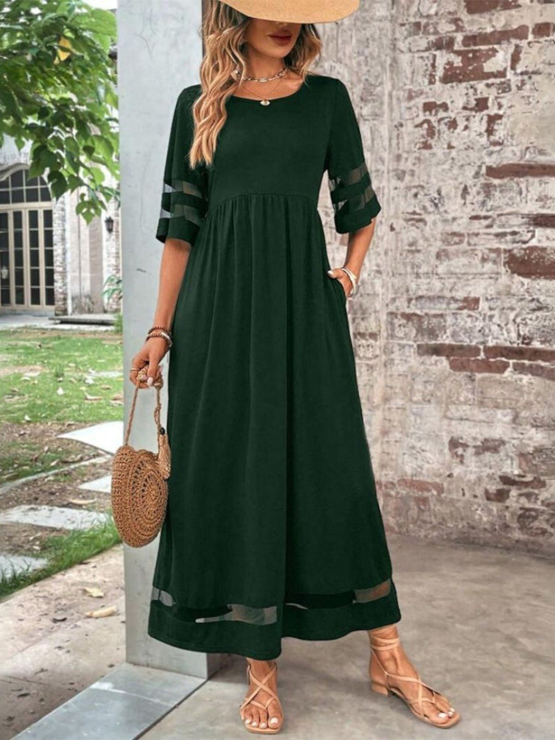 Maxi Kleid Mesh-Ärmel Figurschmeichelnd Elegant - Green