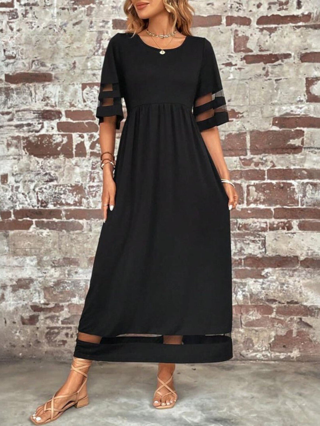 Maxi Kleid Mesh-Ärmel Figurschmeichelnd Elegant