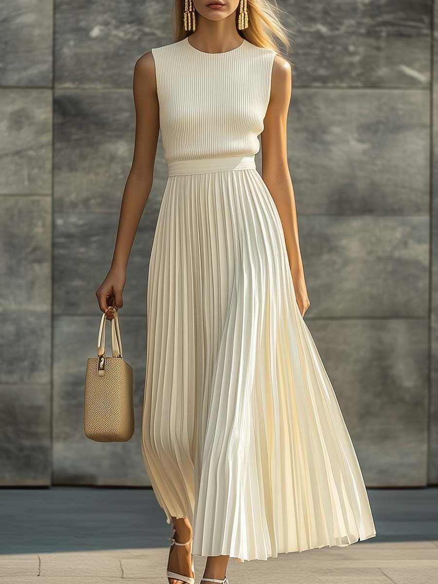 Maxi Kleid Plissiert Strick Chiffon Rundhalsausschnitt - Cream