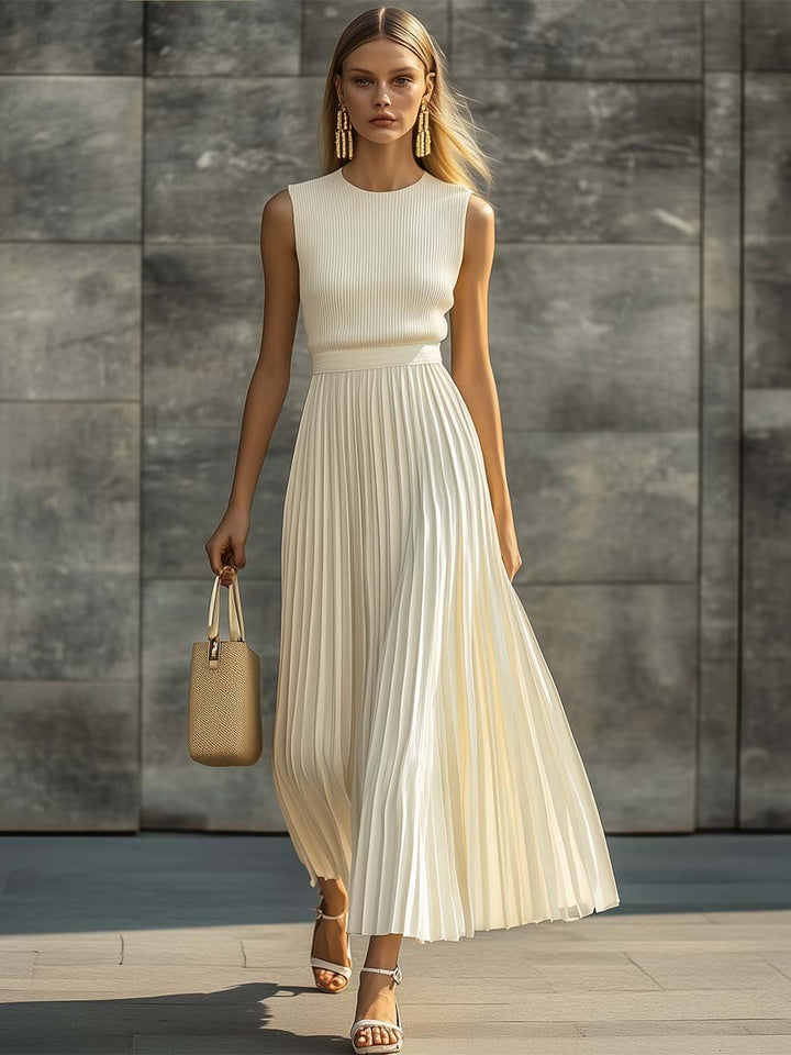 Maxi Kleid Plissiert Strick Chiffon Rundhalsausschnitt