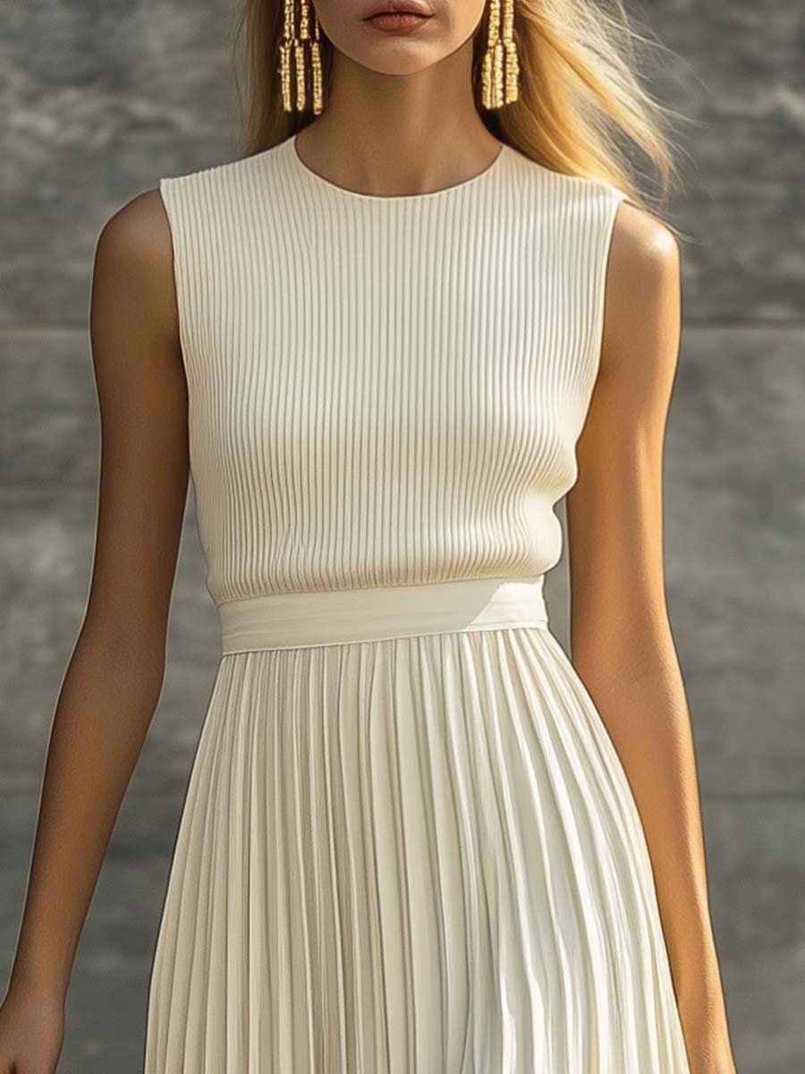 Maxi Kleid Plissiert Strick Chiffon Rundhalsausschnitt