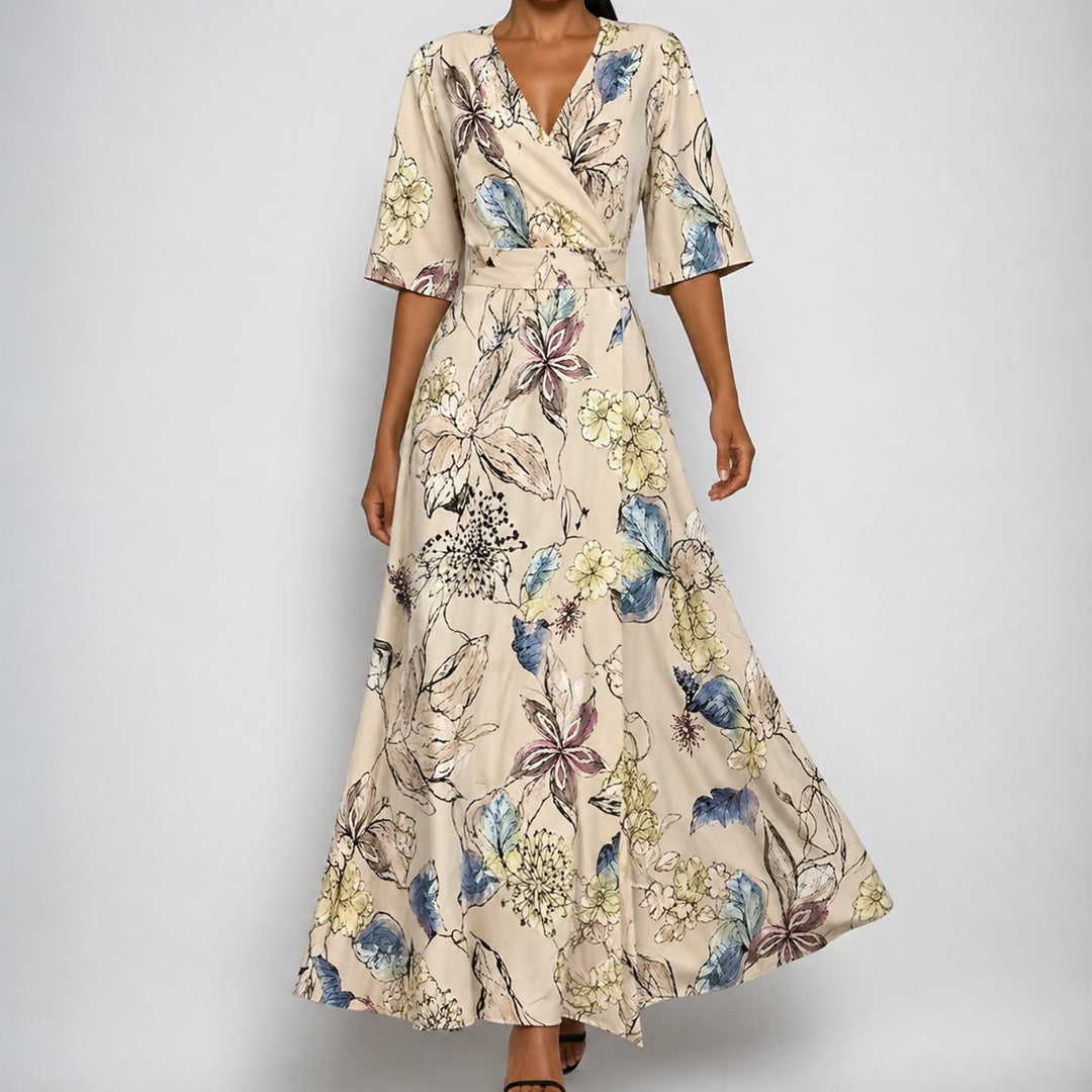 Maxi Wickelkleid Satin Blumenmuster V-Ausschnitt Tailliert - Beige