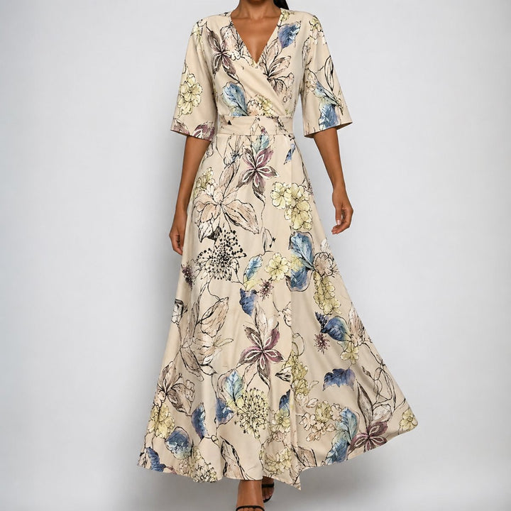 Maxi Wickelkleid Satin Blumenmuster V-Ausschnitt Tailliert - Beige
