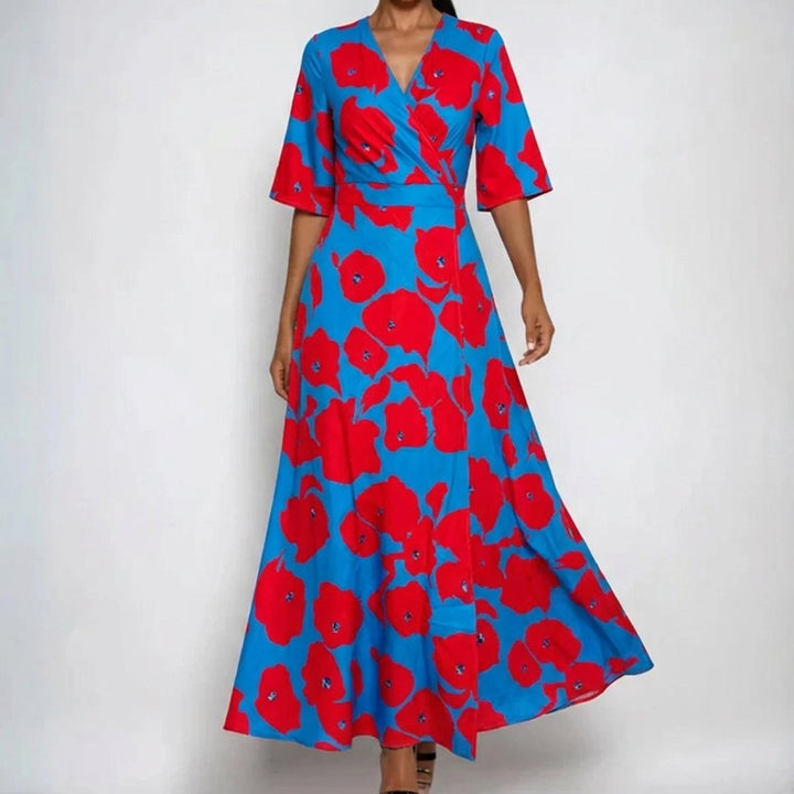 Maxi Wickelkleid Satin Blumenmuster V-Ausschnitt Tailliert - Red