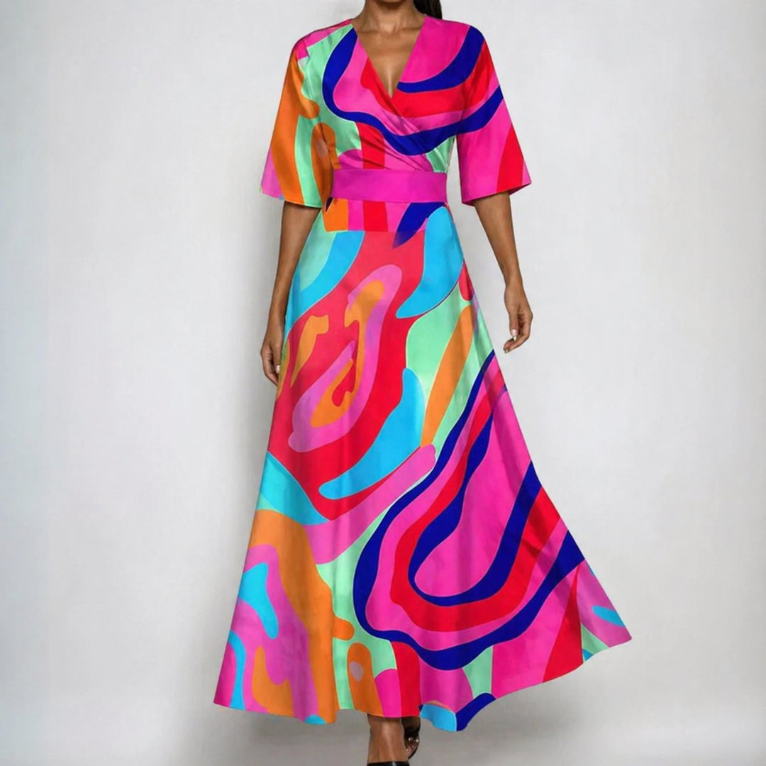 Maxi Wickelkleid Satin Blumenmuster V-Ausschnitt Tailliert - Fuschia