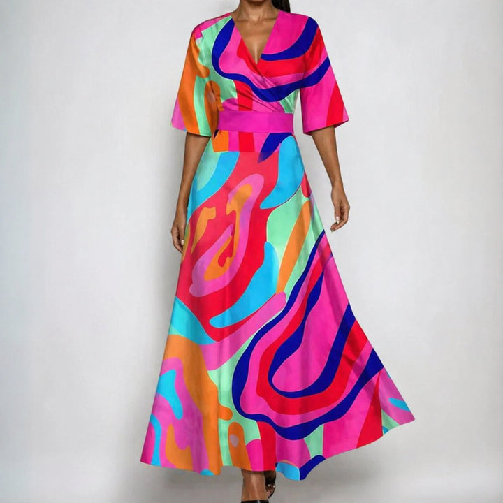 Maxi Wickelkleid Satin Blumenmuster V-Ausschnitt Tailliert - Fuschia