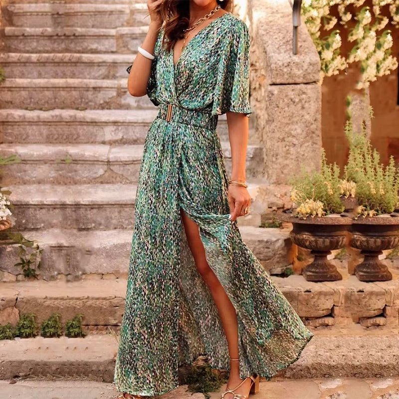 Maxi Wickelkleid V-Ausschnitt Boho Sommer Langarm - Green