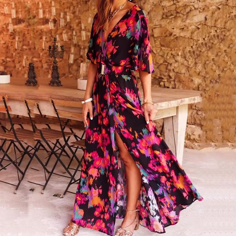 Maxi Wickelkleid V-Ausschnitt Boho Sommer Langarm - Black