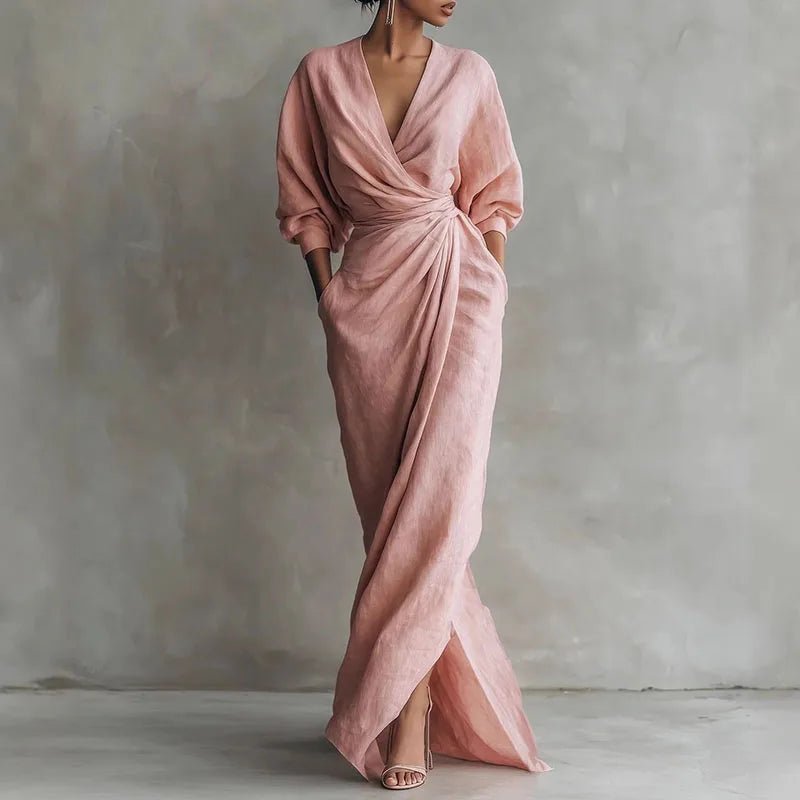 Maxi Wickelkleid V-Ausschnitt Langarm Elegant Formell - Pink