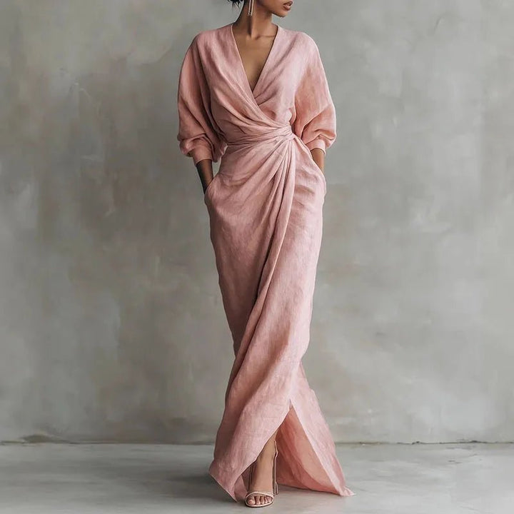 Maxi Wickelkleid V-Ausschnitt Langarm Elegant Formell - Pink