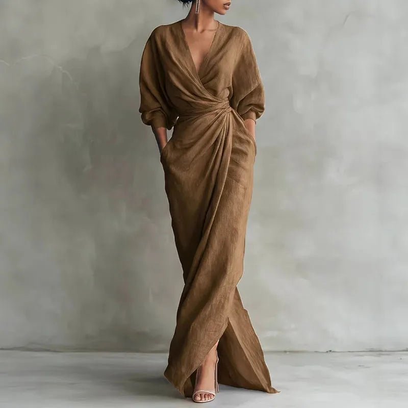 Maxi Wickelkleid V-Ausschnitt Langarm Elegant Formell - Brown