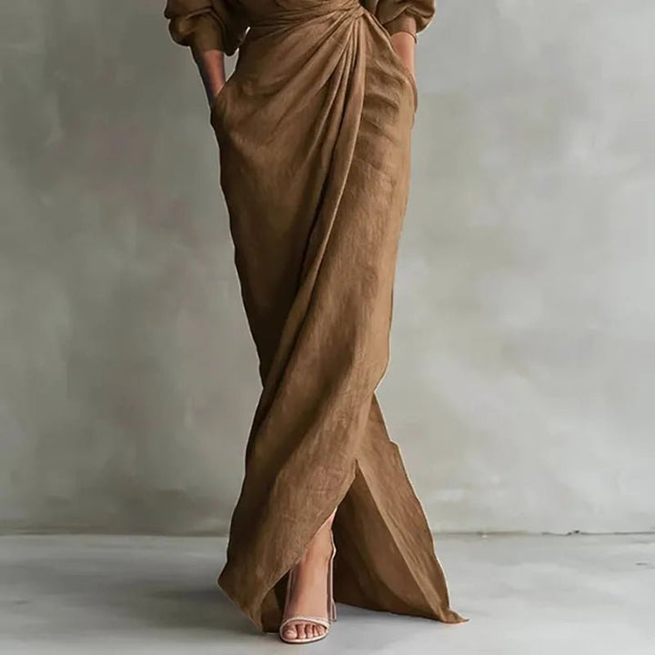 Maxi Wickelkleid V-Ausschnitt Langarm Elegant Formell