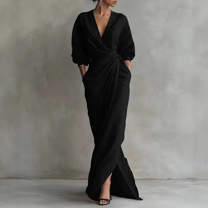 Maxi Wickelkleid V-Ausschnitt Langarm Elegant Formell - Black