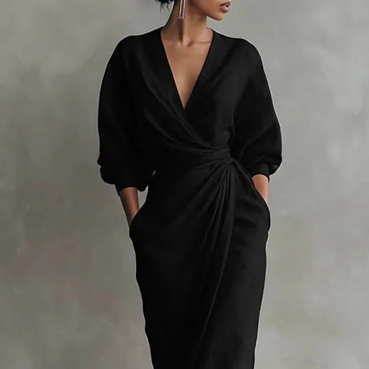 Maxi Wickelkleid V-Ausschnitt Langarm Elegant Formell