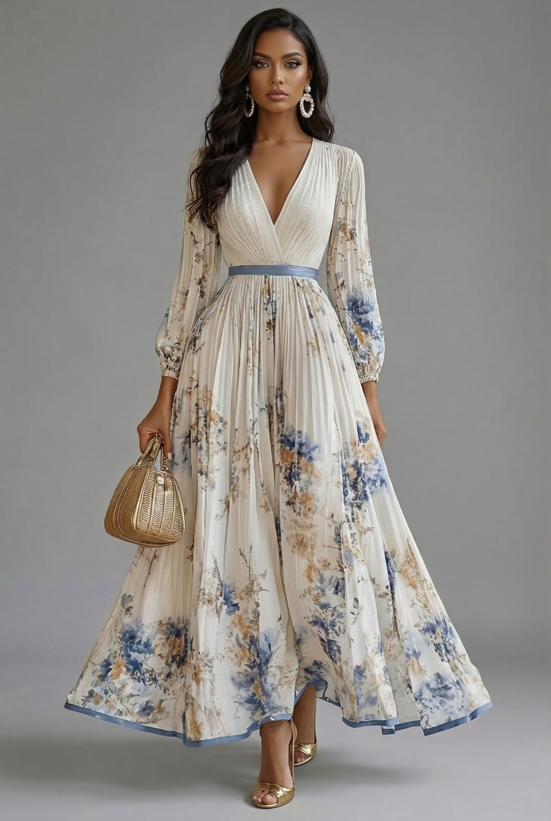 Maxikleid V-Ausschnitt Langarm Plissiert Blumenmuster - White