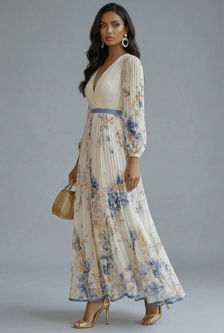 Maxikleid V-Ausschnitt Langarm Plissiert Blumenmuster