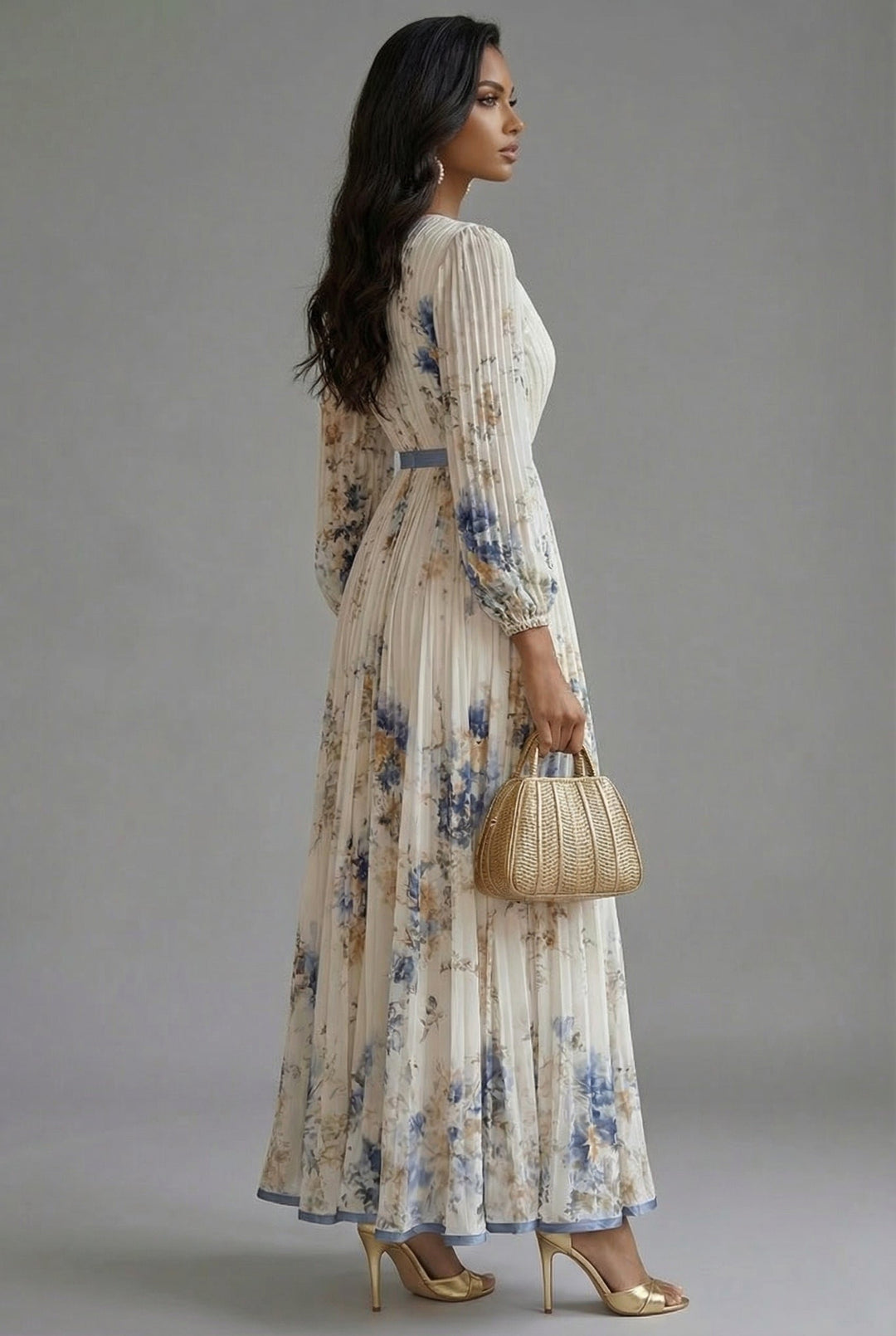 Maxikleid V-Ausschnitt Langarm Plissiert Blumenmuster