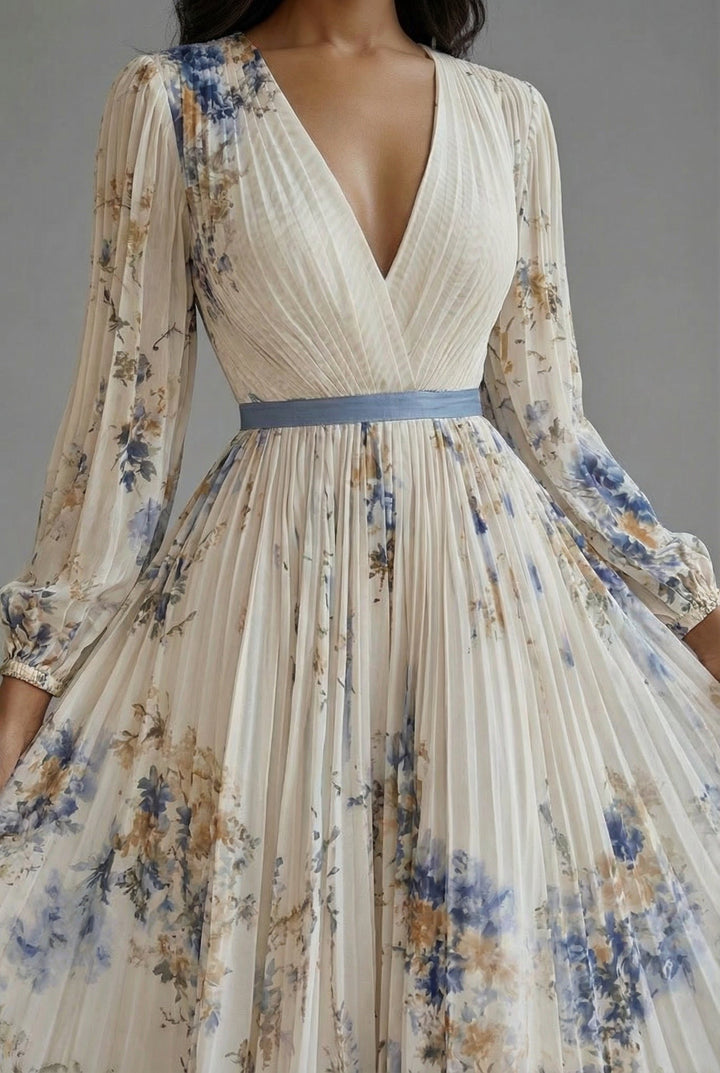 Maxikleid V-Ausschnitt Langarm Plissiert Blumenmuster
