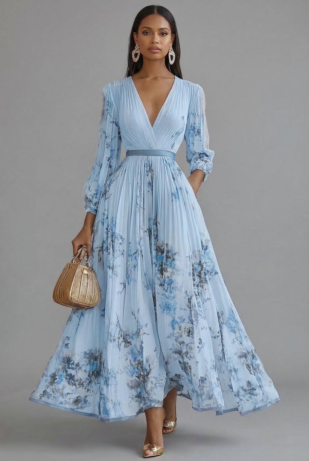 Maxikleid V-Ausschnitt Langarm Plissiert Blumenmuster - Blue