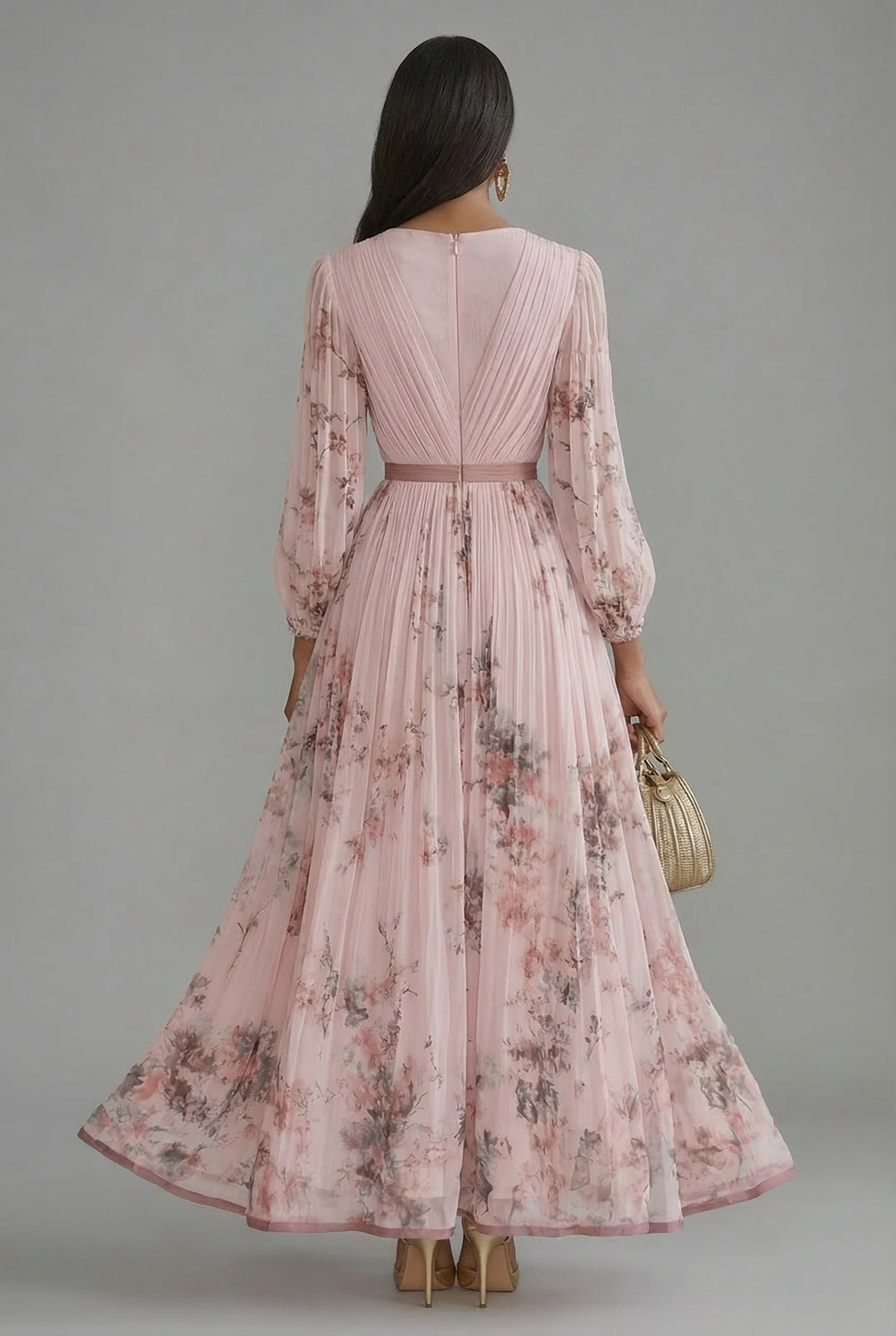 Maxikleid V-Ausschnitt Langarm Plissiert Blumenmuster