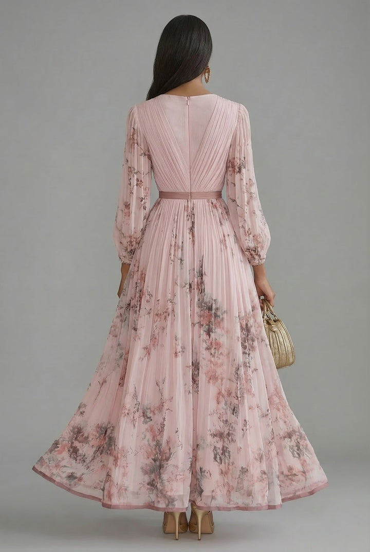 Maxikleid V-Ausschnitt Langarm Plissiert Blumenmuster