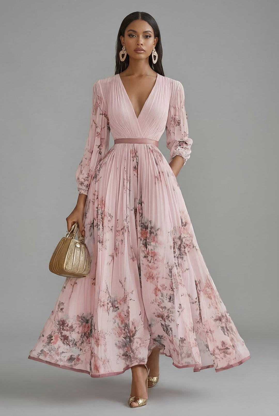 Maxikleid V-Ausschnitt Langarm Plissiert Blumenmuster - Pink