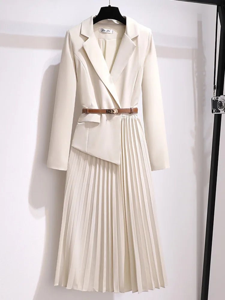 Midi Blazerkleid Tailliert Plissiert Elegant - Beige
