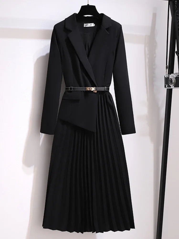 Midi Blazerkleid Tailliert Plissiert Elegant - Black