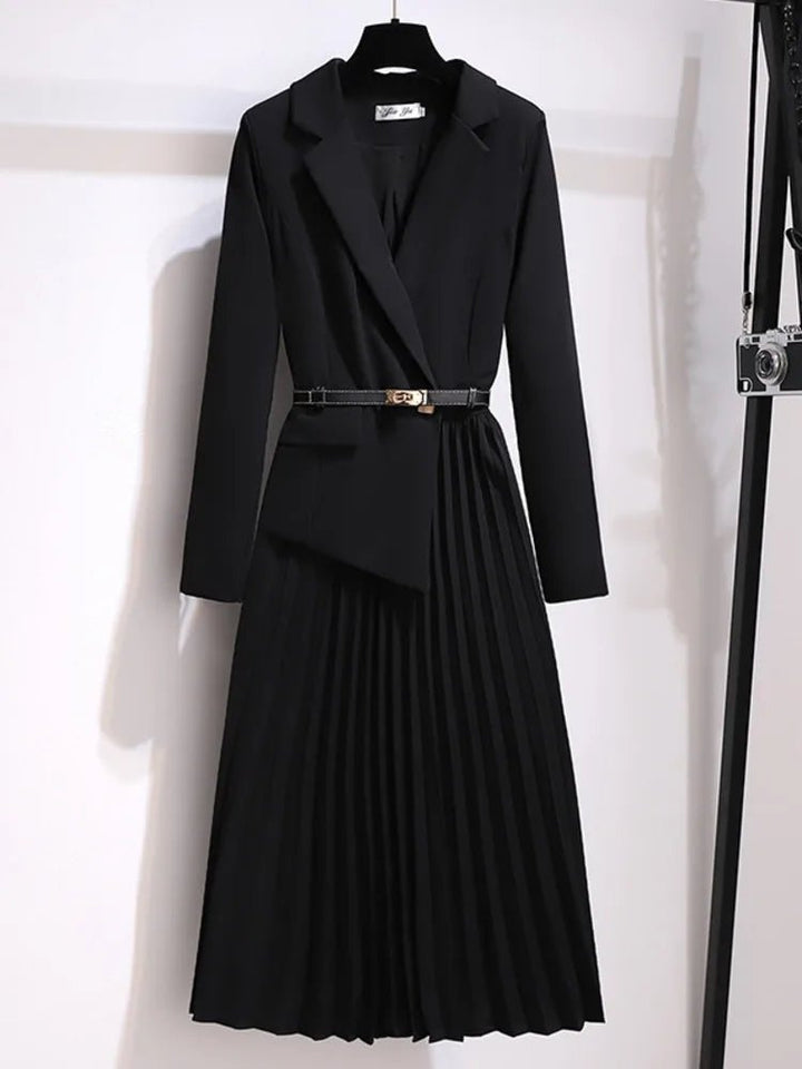 Midi Blazerkleid Tailliert Plissiert Elegant - Black