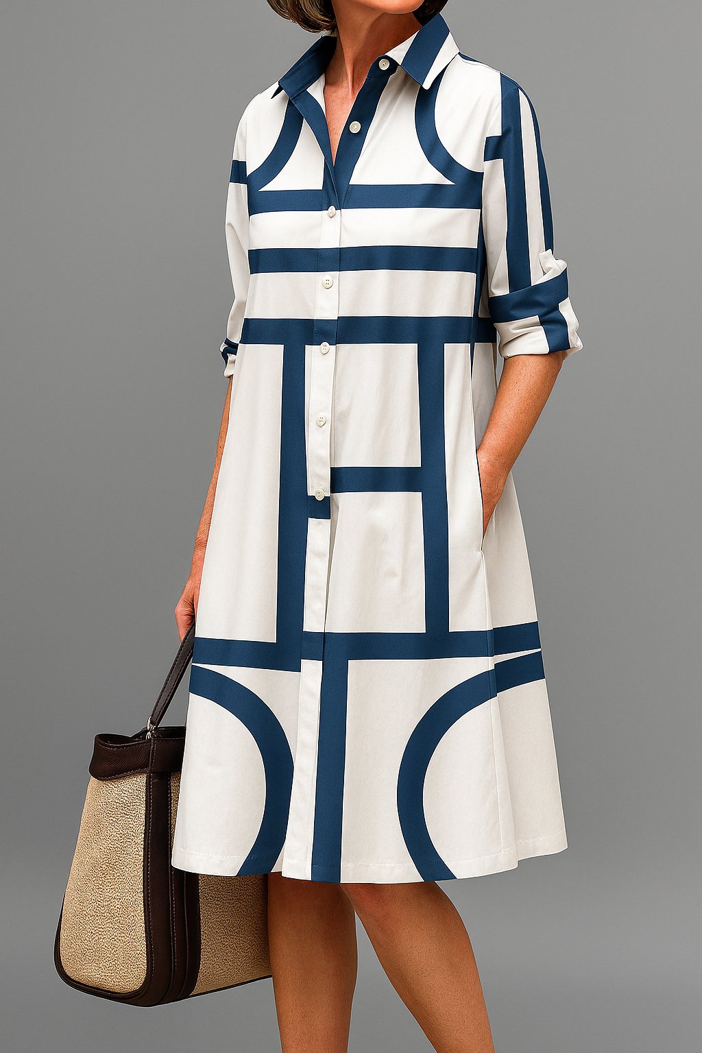 Midi Hemdblusenkleid geometrisches Muster Langarm - White Blue