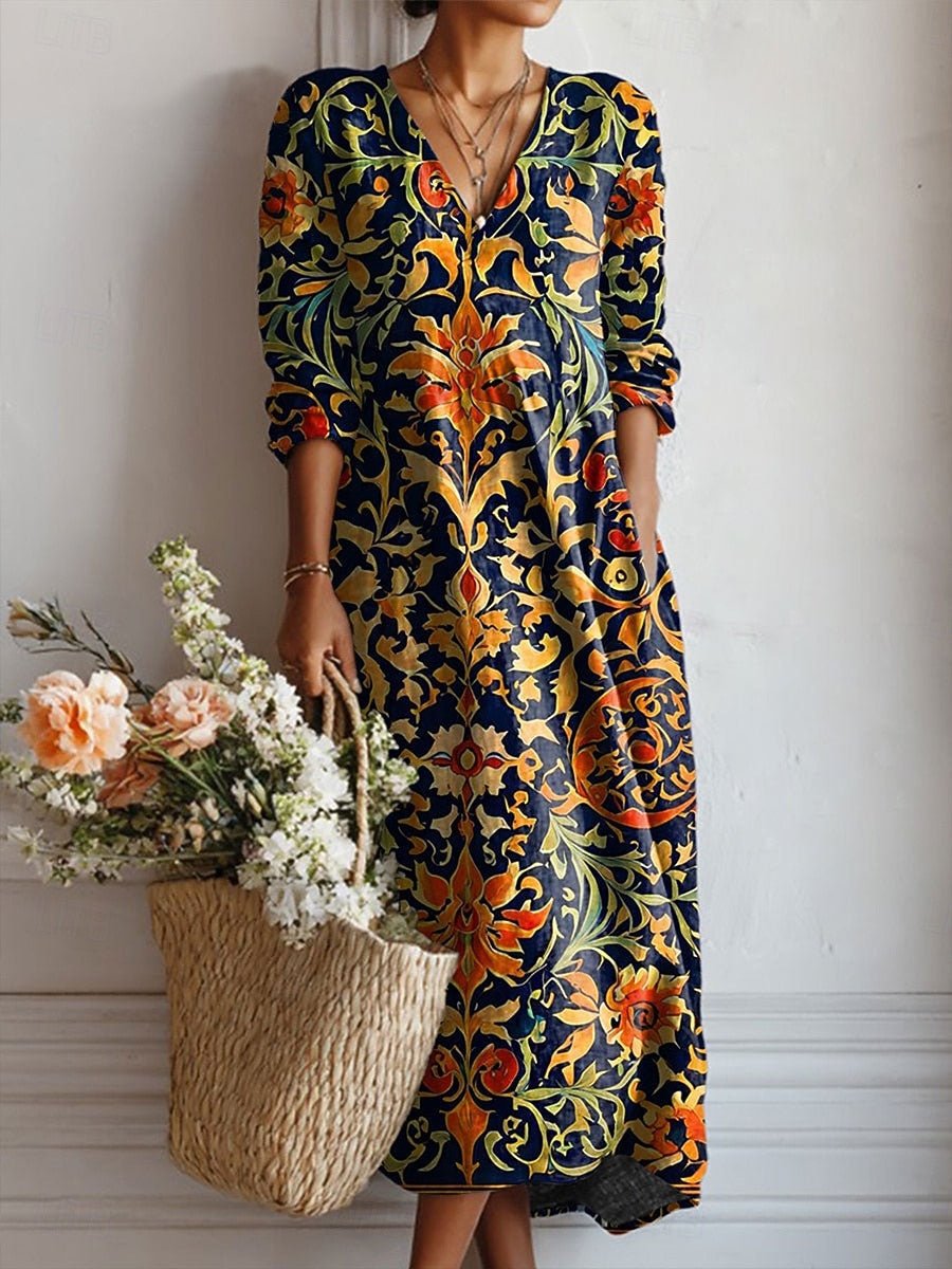 Midi-Kleid Baumwolle Barock-Muster V-Ausschnitt Boho