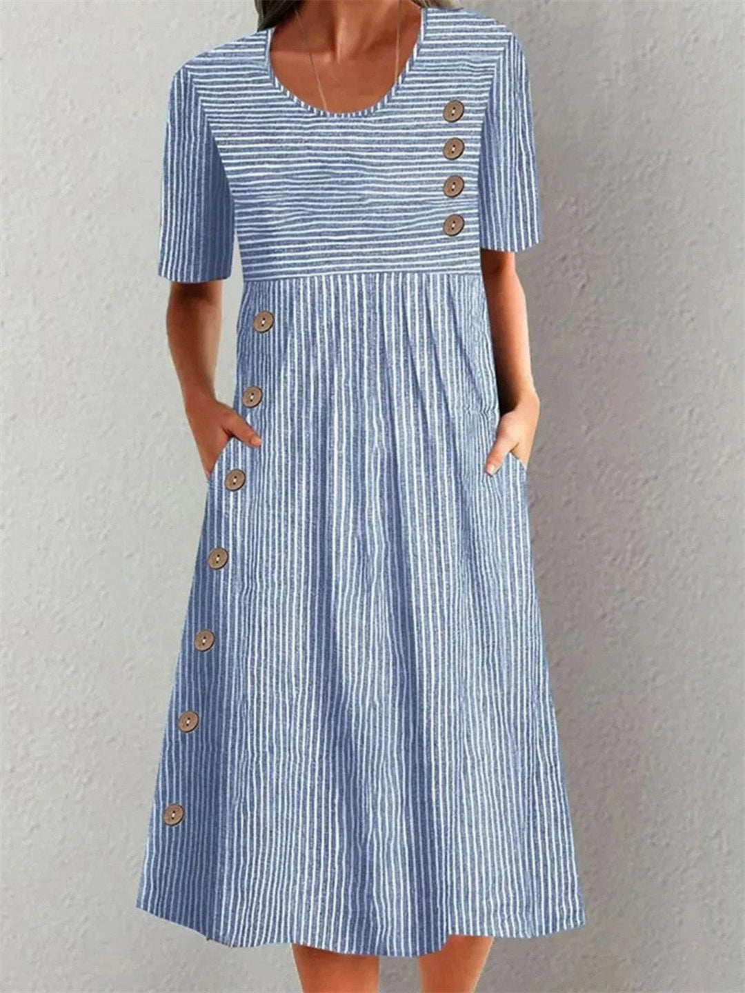 Midi Kleid Baumwolle Nadelstreifen Knopfdetail - Blue