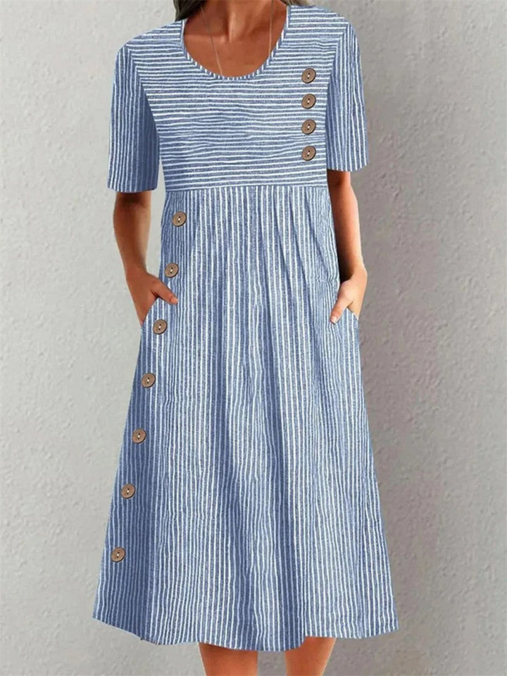 Midi Kleid Baumwolle Nadelstreifen Knopfdetail - Blue
