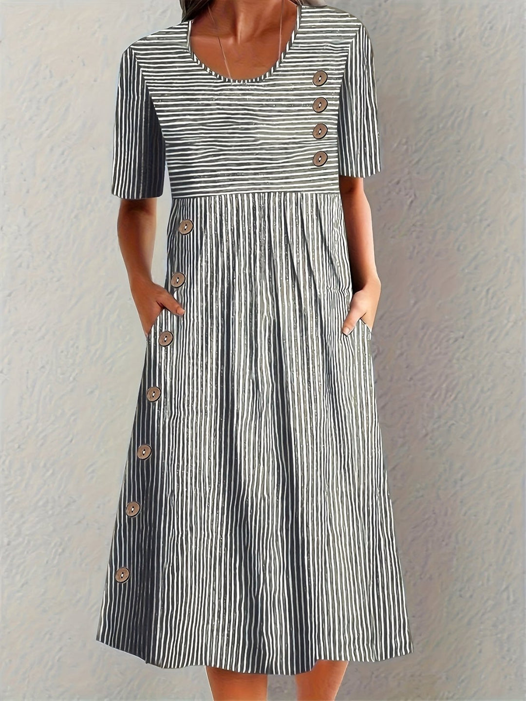 Midi Kleid Baumwolle Nadelstreifen Knopfdetail - Black