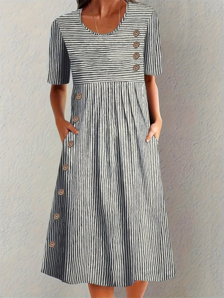 Midi Kleid Baumwolle Nadelstreifen Knopfdetail - Black