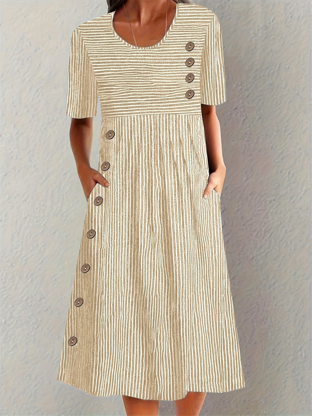 Midi Kleid Baumwolle Nadelstreifen Knopfdetail - Beige