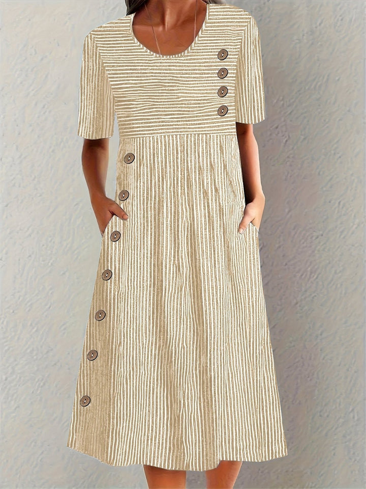 Midi Kleid Baumwolle Nadelstreifen Knopfdetail - Beige