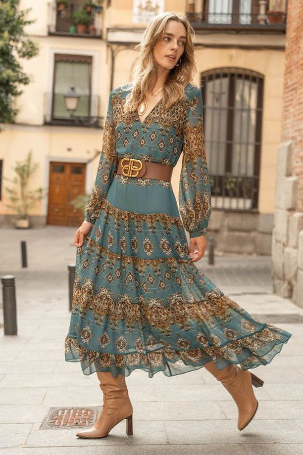 Midi Kleid Chiffon Boho Medallion Print Puffärmel