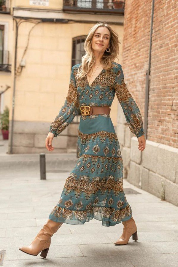 Midi Kleid Chiffon Boho Medallion Print Puffärmel